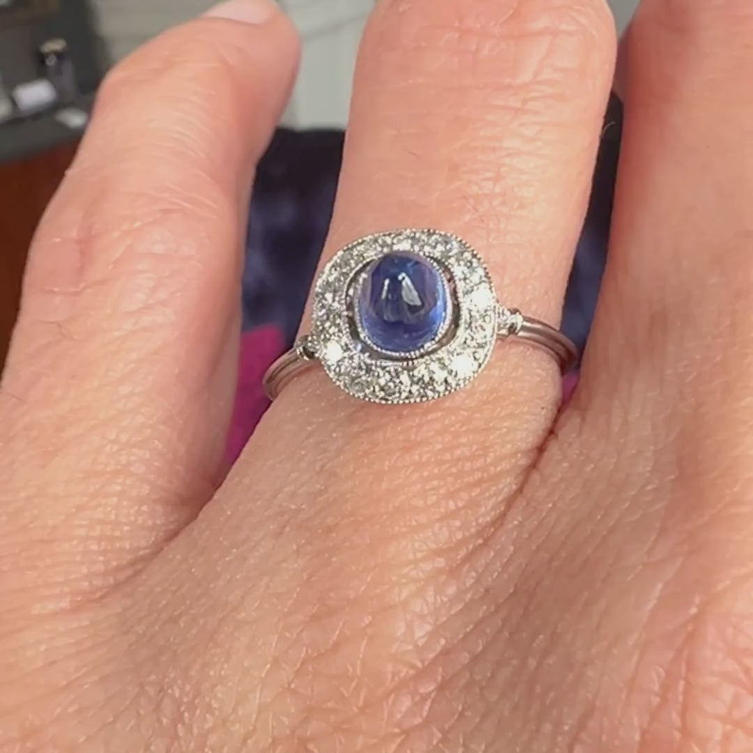 Estate Sugarloaf Sapphire 1.49ct & Diamond Ring sold by Doyle and Doyle an antique and vintage jewelry boutique