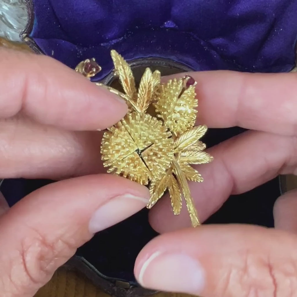 Vintage Ruby & Diamond Opening Seed Pod Pin in yellow gold, sold by Doyle & Doyle antique and vintage jewelry boutique