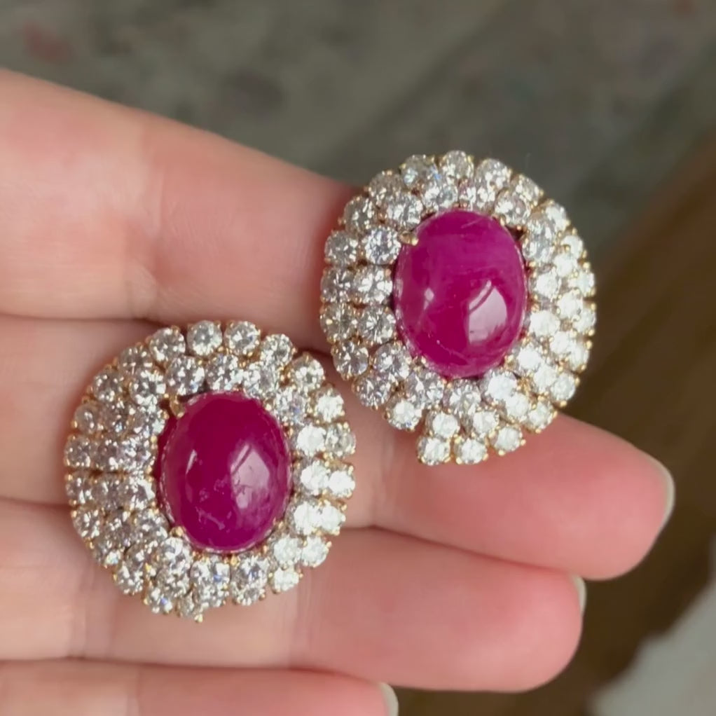 Vintage Cabochon Ruby & Diamond Clip Earrings, from Doyle & Doyle antique and vintage jewelry boutique