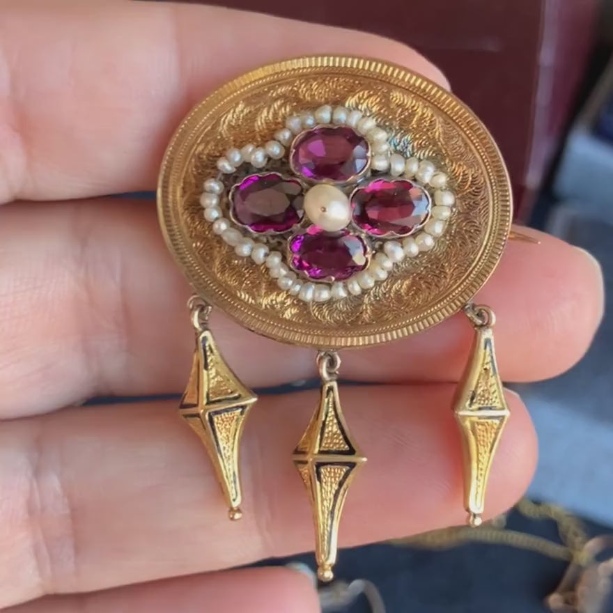 Victorian Garnet & Pearl Pin with drops, sold by Doyle & Doyle antique and vintage jewelry boutique
