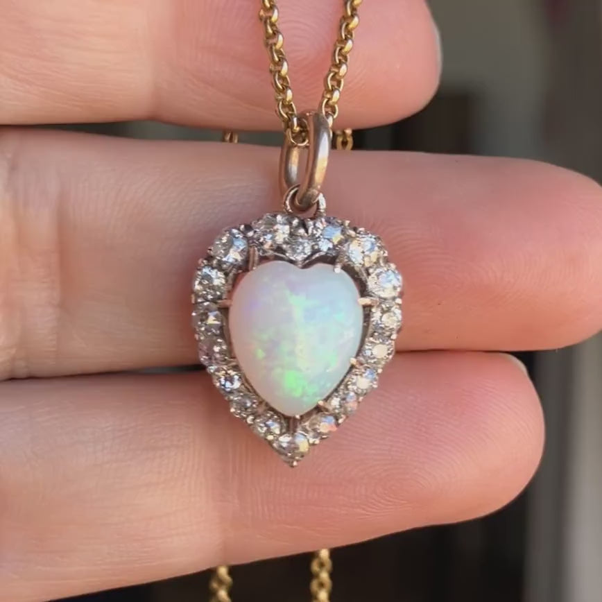 Victorian Opal & Diamond Heart Pendant on gold chain, from Doyle & Doyle antique and vintage jewelry boutique