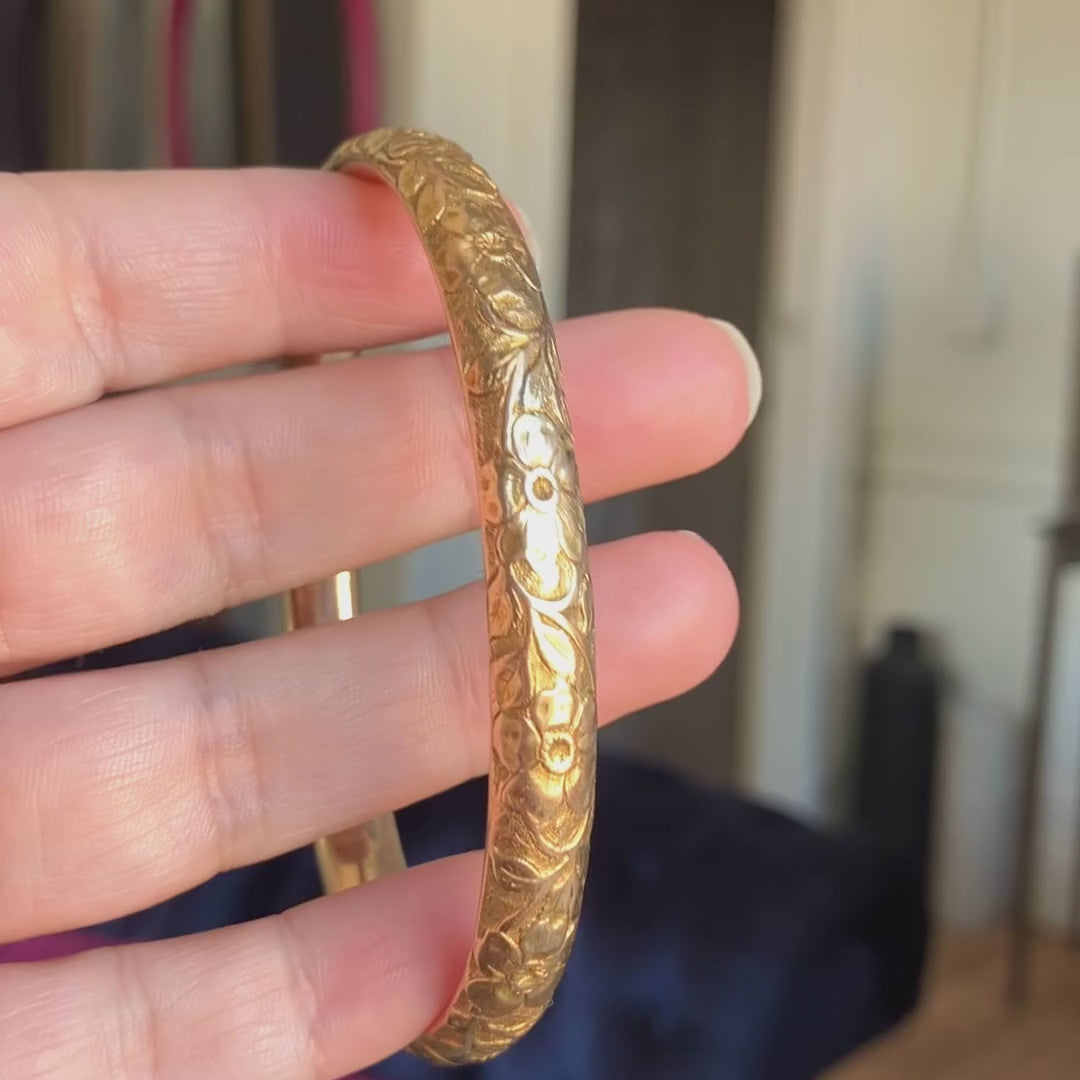Antique Floral Patterned Gold Bangle Bracelet, from Doyle & Doyle antique and vintage jewelry boutique