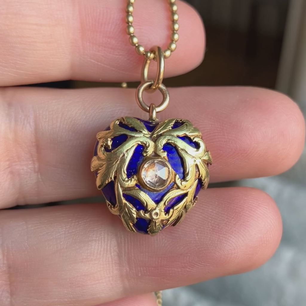 Victorian Blue Enamel and Rose Cut Diamond Heart Locket, from Doyle & Doyle antique and vintage jewelry boutique
