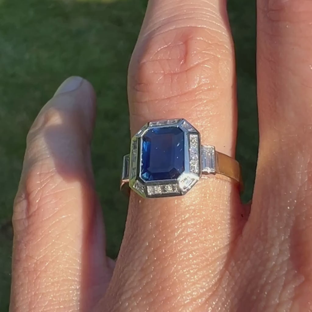 Vintage Sapphire &amp; Diamond Ring, Emerald cut 1.90ct. sold by Doyle and Doyle an antique and vintage jewelry boutique