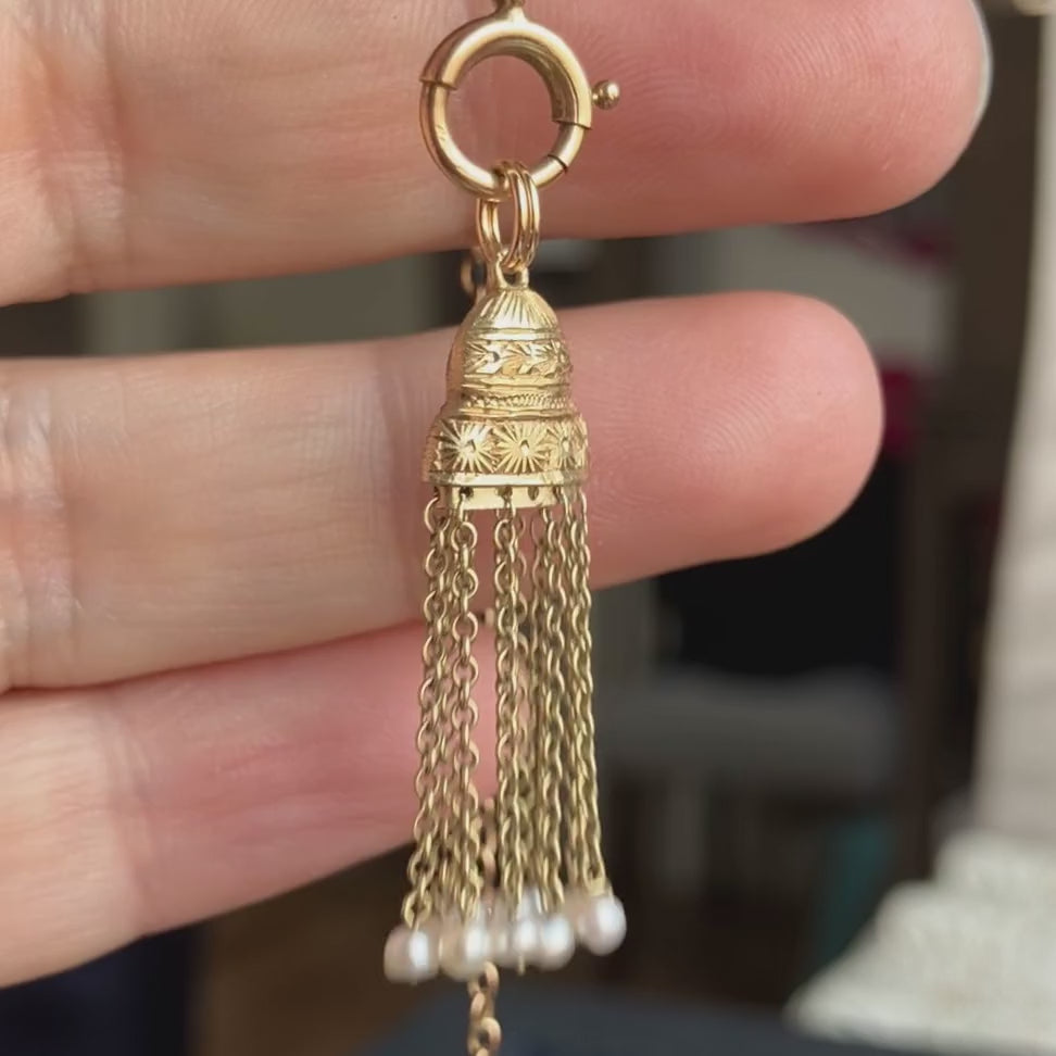 Antique Gold Pearl Fringe Tassel charm, sold by Doyle & Doyle antique and vintage jewelry boutique
