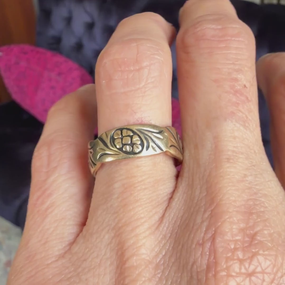 Vintage Floral Pattern Gold Wedding Band Ring sold by Doyle and Doyle an antique and vintage jewelry boutique