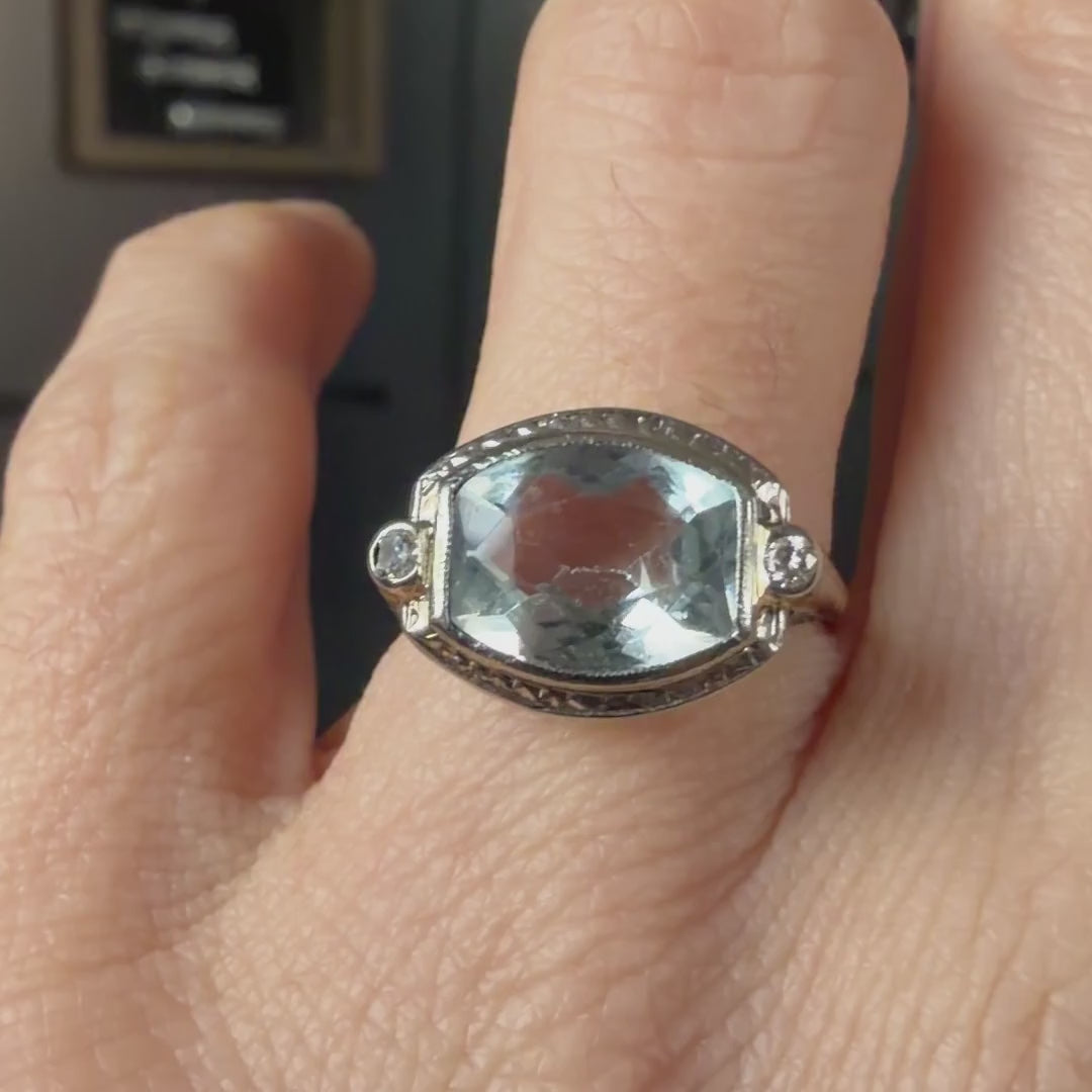 Art Deco Filigree Aqua & Diamond Ring sold by Doyle and Doyle an antique and vintage jewelry boutique