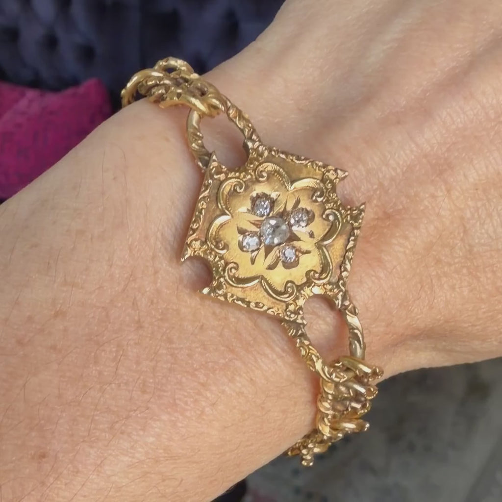 Antique Diamond Plaque & Chased Link Bracelet sold by Doyle and Doyle an antique and vintage jewelry boutique