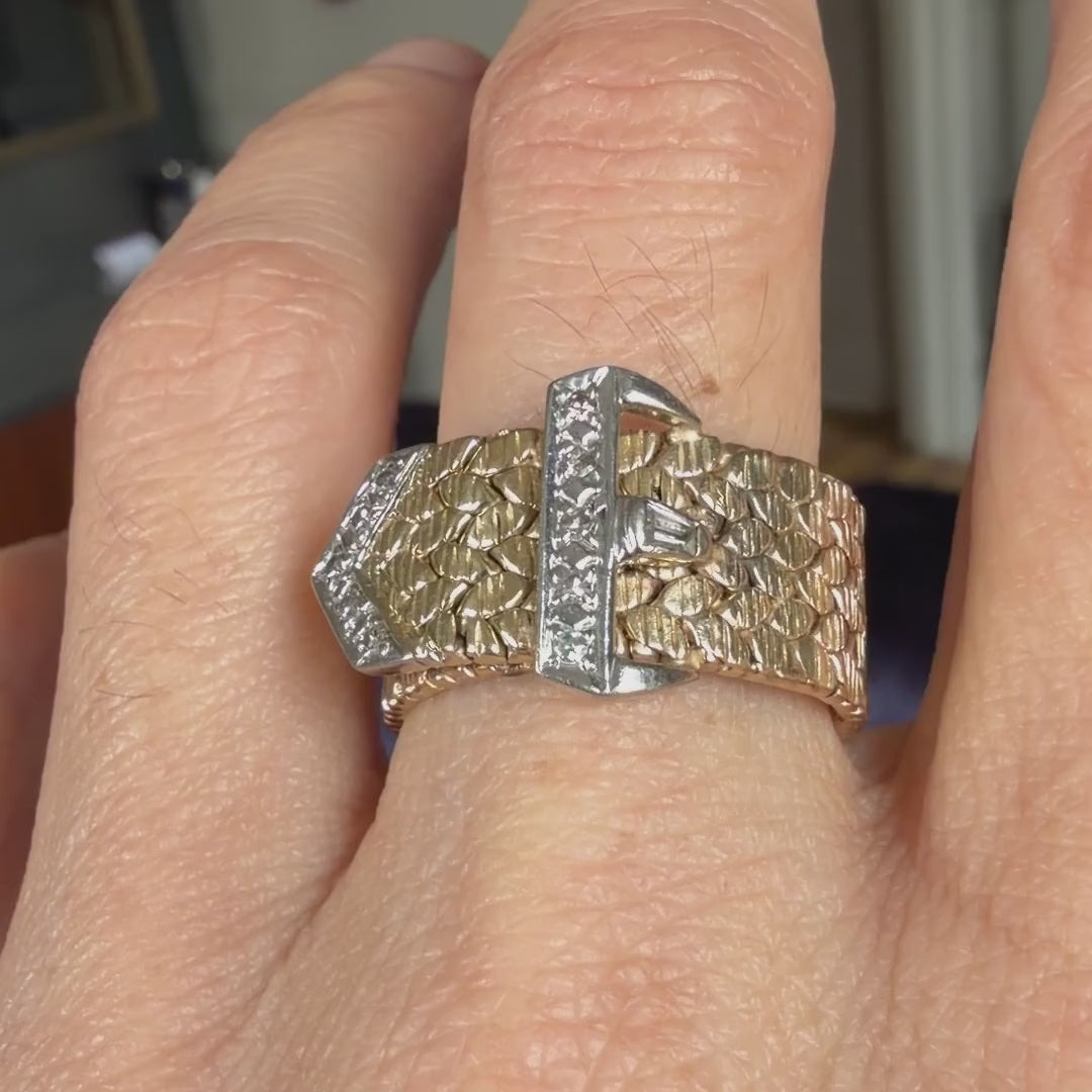 Vintage Diamond Buckle Ring sold by Doyle and Doyle an antique and vintage jewelry boutique