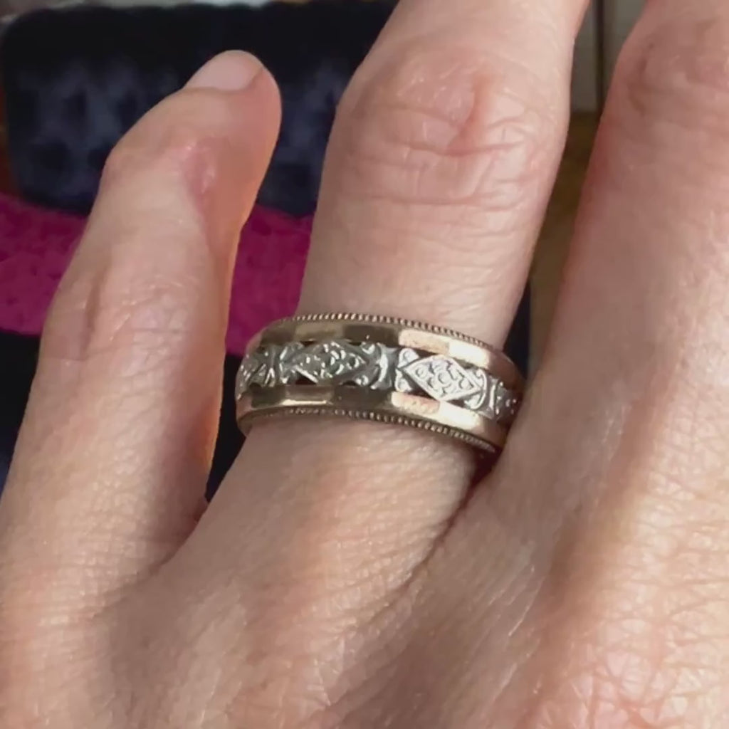 Vintage Wide Patterned Two Toned Gold Wedding Band Ring, Size 9 sold by Doyle and Doyle an antique and vintage jewelry boutique