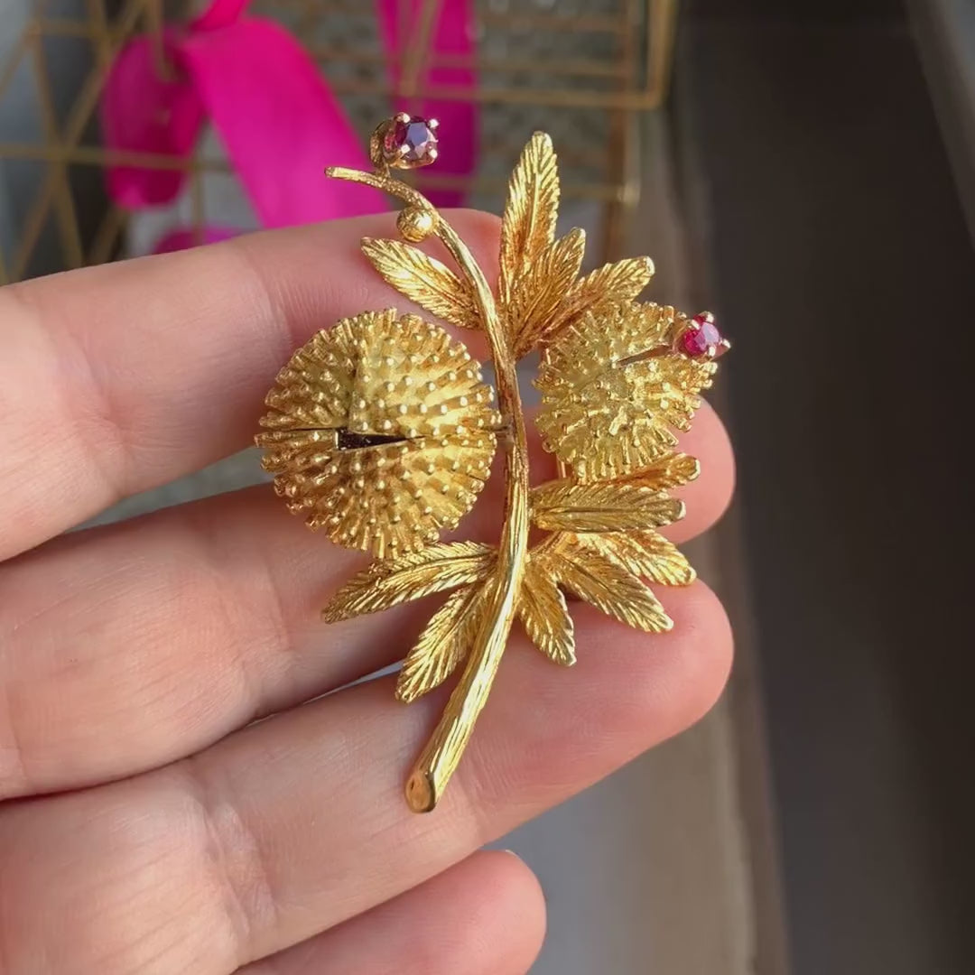 Vintage Ruby & Diamond Opening Seed Pod Pin in yellow gold, sold by Doyle & Doyle antique and vintage jewelry boutique