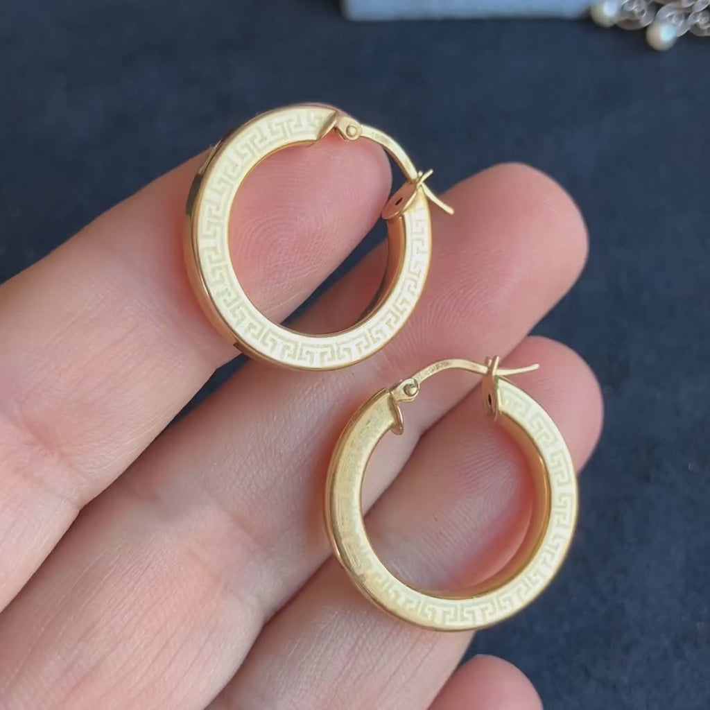 Gold Hoop Earrings with Greek Key engraving, sold by Doyle & Doyle antique and vintage jewelry boutique