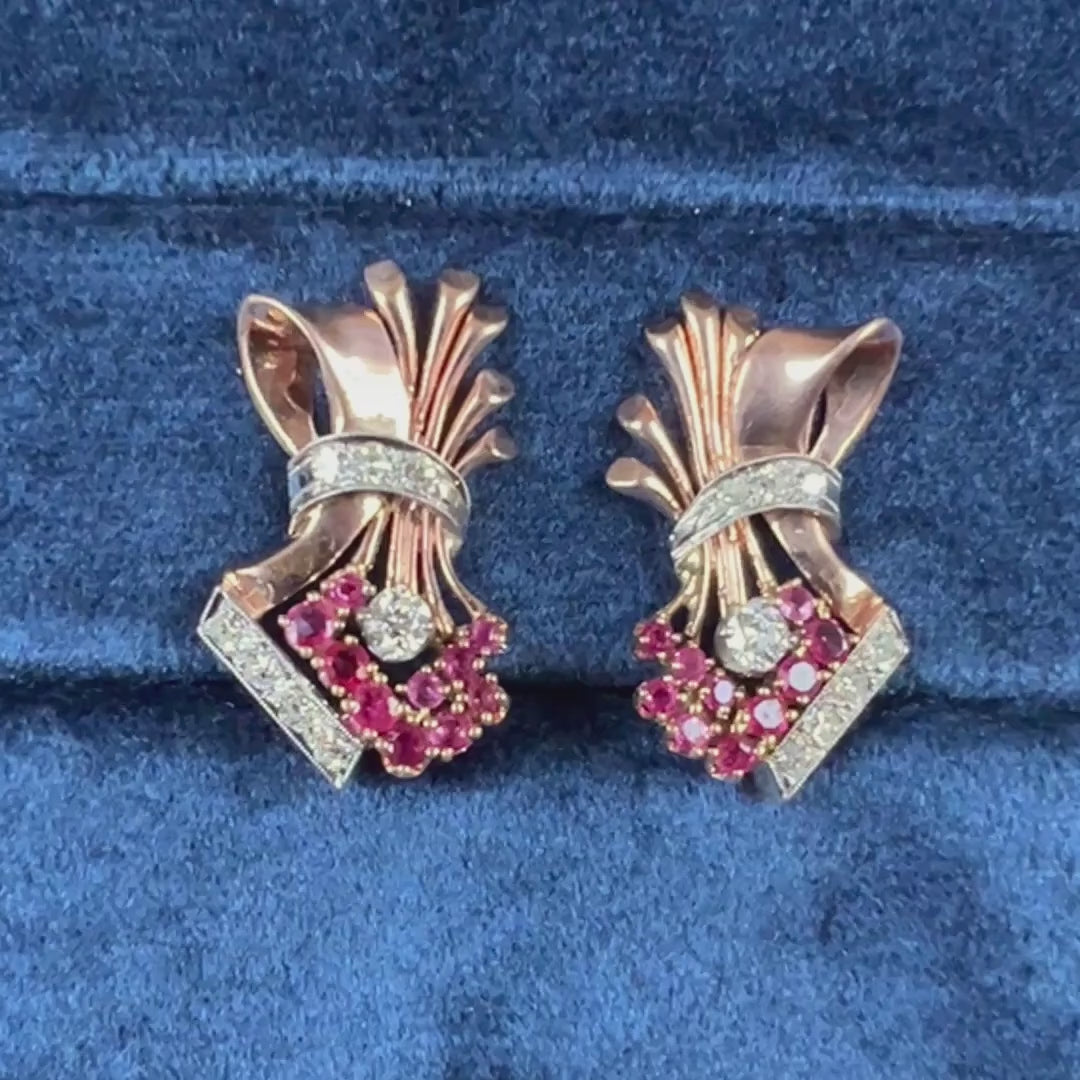 Retro 1940s Ruby & Diamond Earrings, sold by Doyle and Doyle an antique and vintage jewelry boutique