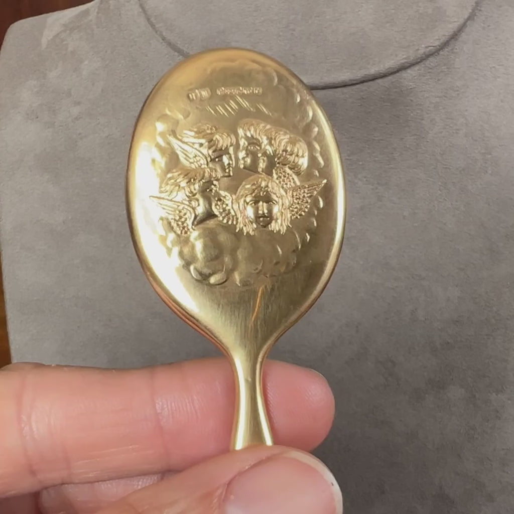 Antique Edwardian Gold Hand Mirror Pendant with angels, sold by Doyle & Doyle antique and vintage jewelry boutique