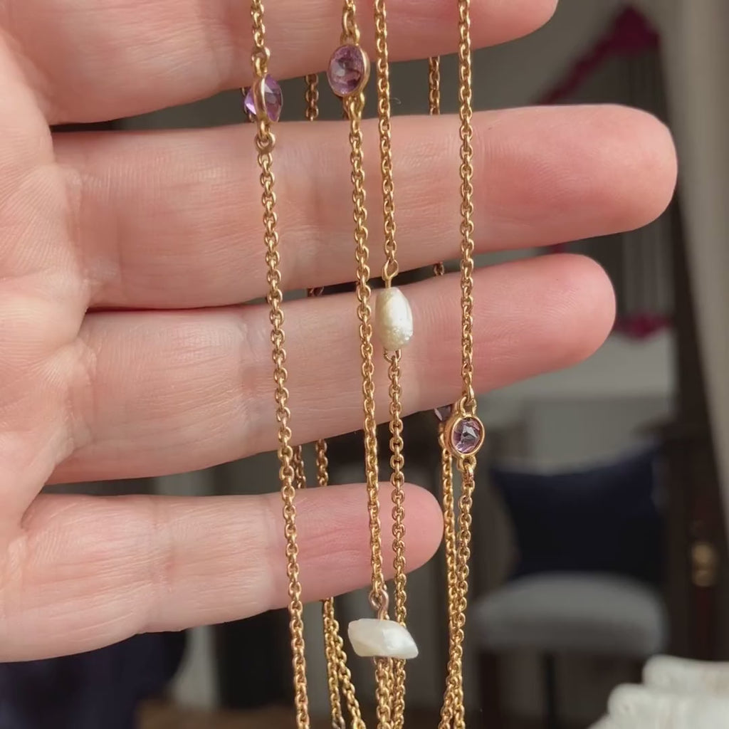 Antique Amethyst & Pearl Chain Necklace in gold, sold by Doyle & Doyle antique and vintage jewelry boutique