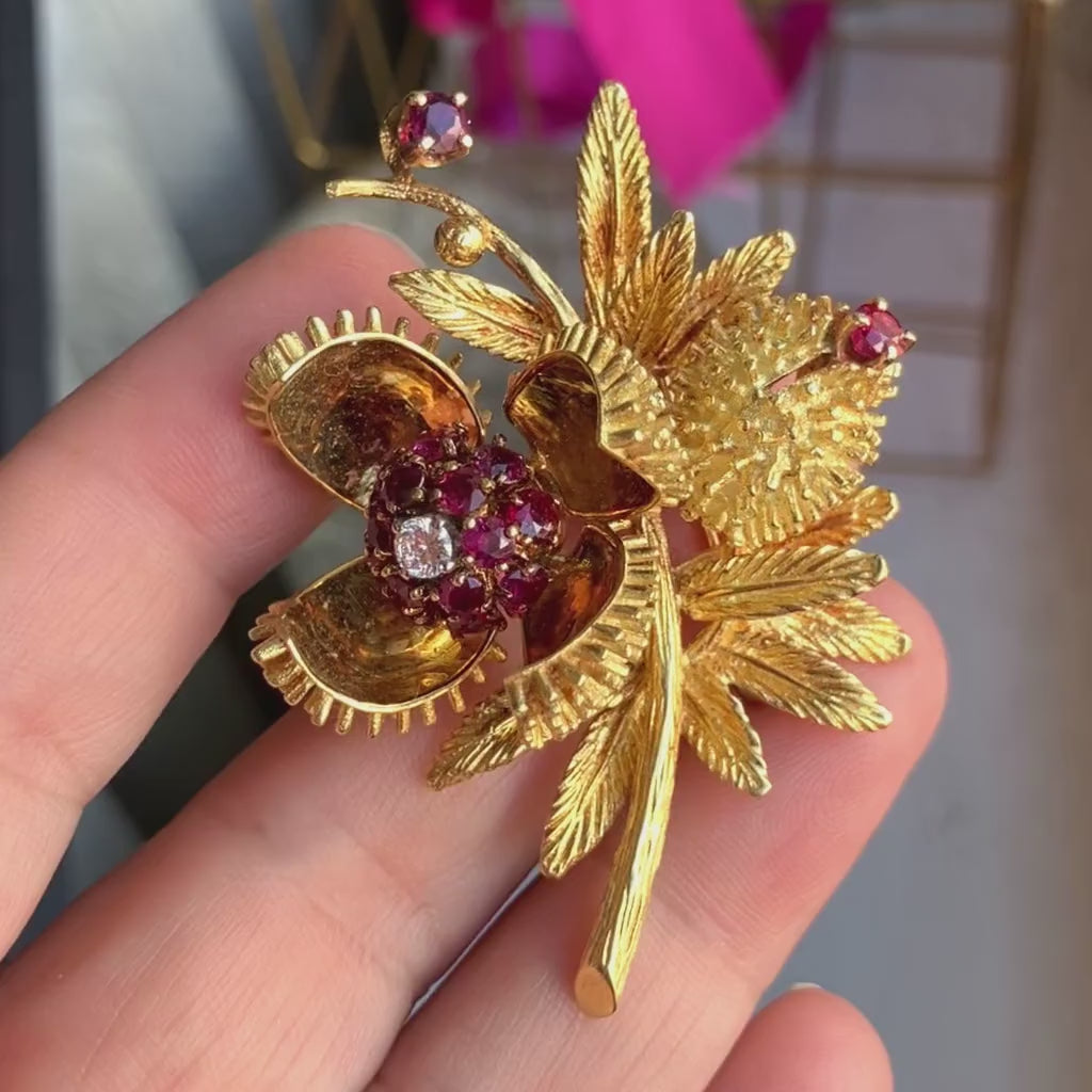 Vintage Ruby & Diamond Opening Seed Pod Pin in yellow gold, sold by Doyle & Doyle antique and vintage jewelry boutique