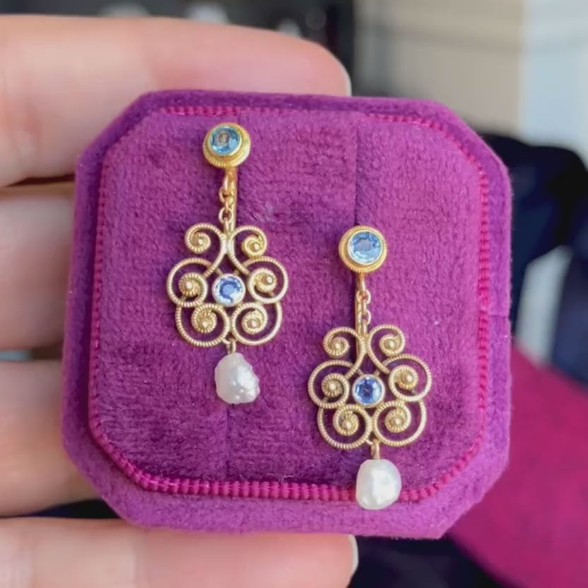 Antique Arts & Crafts Sapphire & Pearl Drop Earrings, sold by Doyle & Doyle an antique and vintage jewelry boutique
