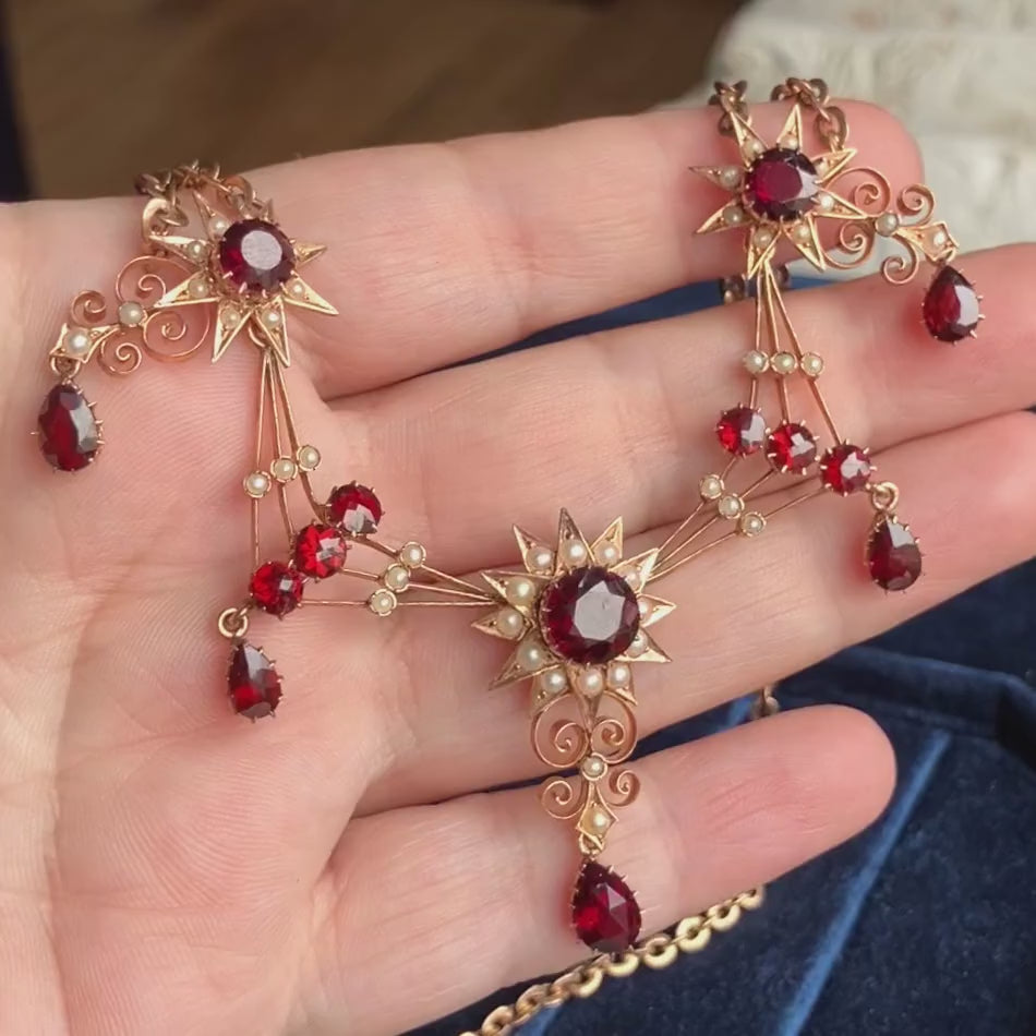Antique Garnet & Pearl Festoon Necklace, sold by Doyle & Doyle antique and vintage jewelry boutique