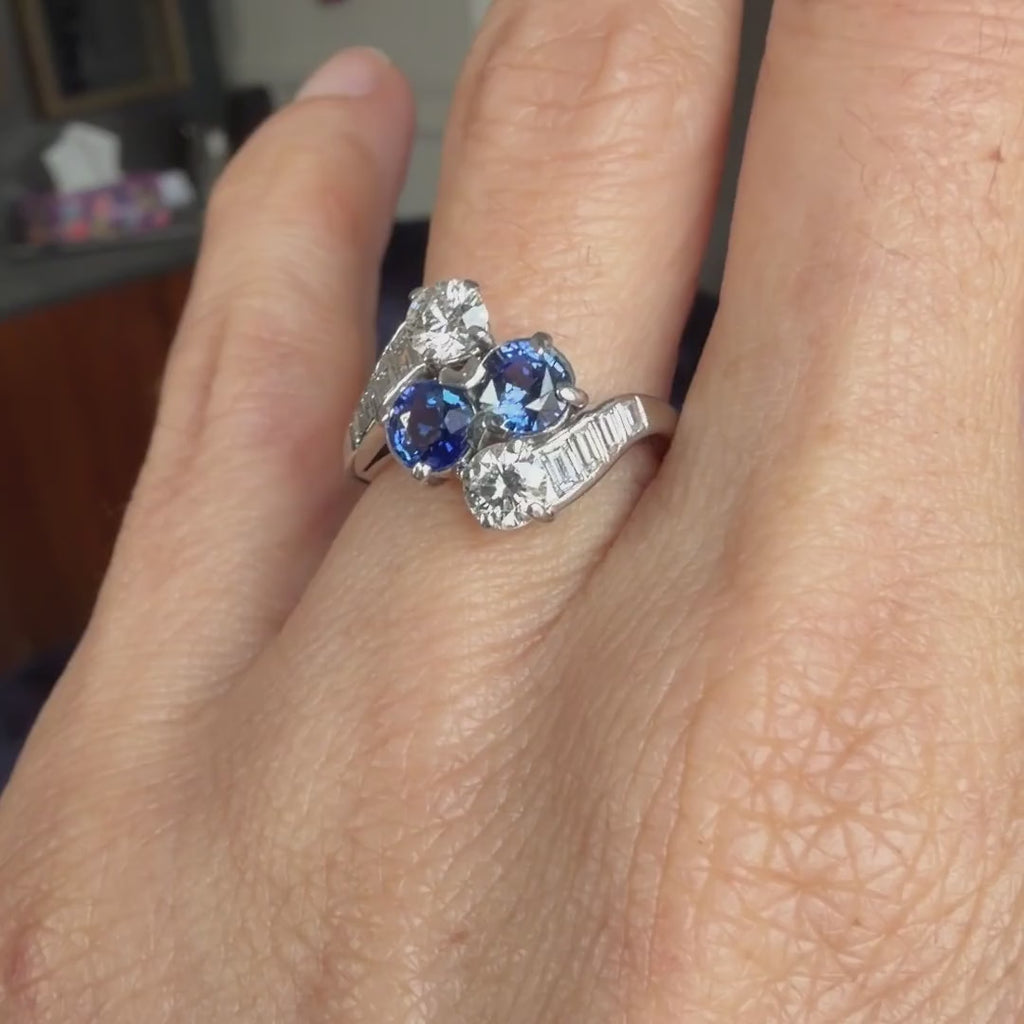 Vintage Sapphire & Diamond Bypass Toi et Moi Ring, sold by Doyle & Doyle antique and vintage jewelry boutique