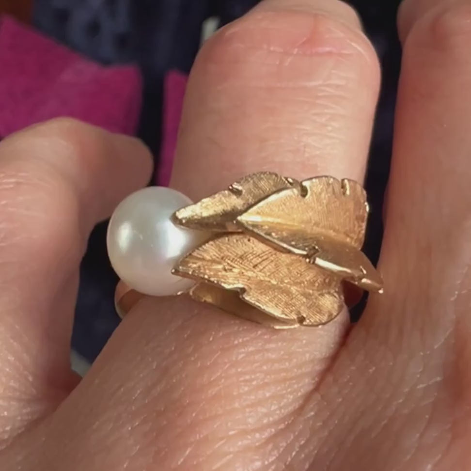 Vintage Pearl Gold Leaf Ring, from Doyle & Doyle antique and vintage jewelry boutique