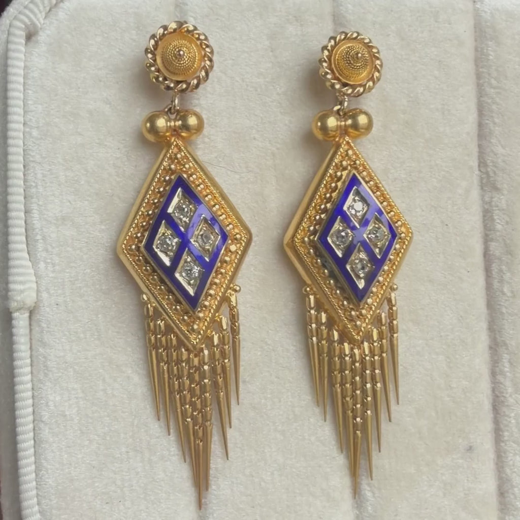 Victorian Diamond Enamel and Fringe Drop Earrings in yellow gold, sold by Doyle & Doyle antique and vintage jewelry boutique