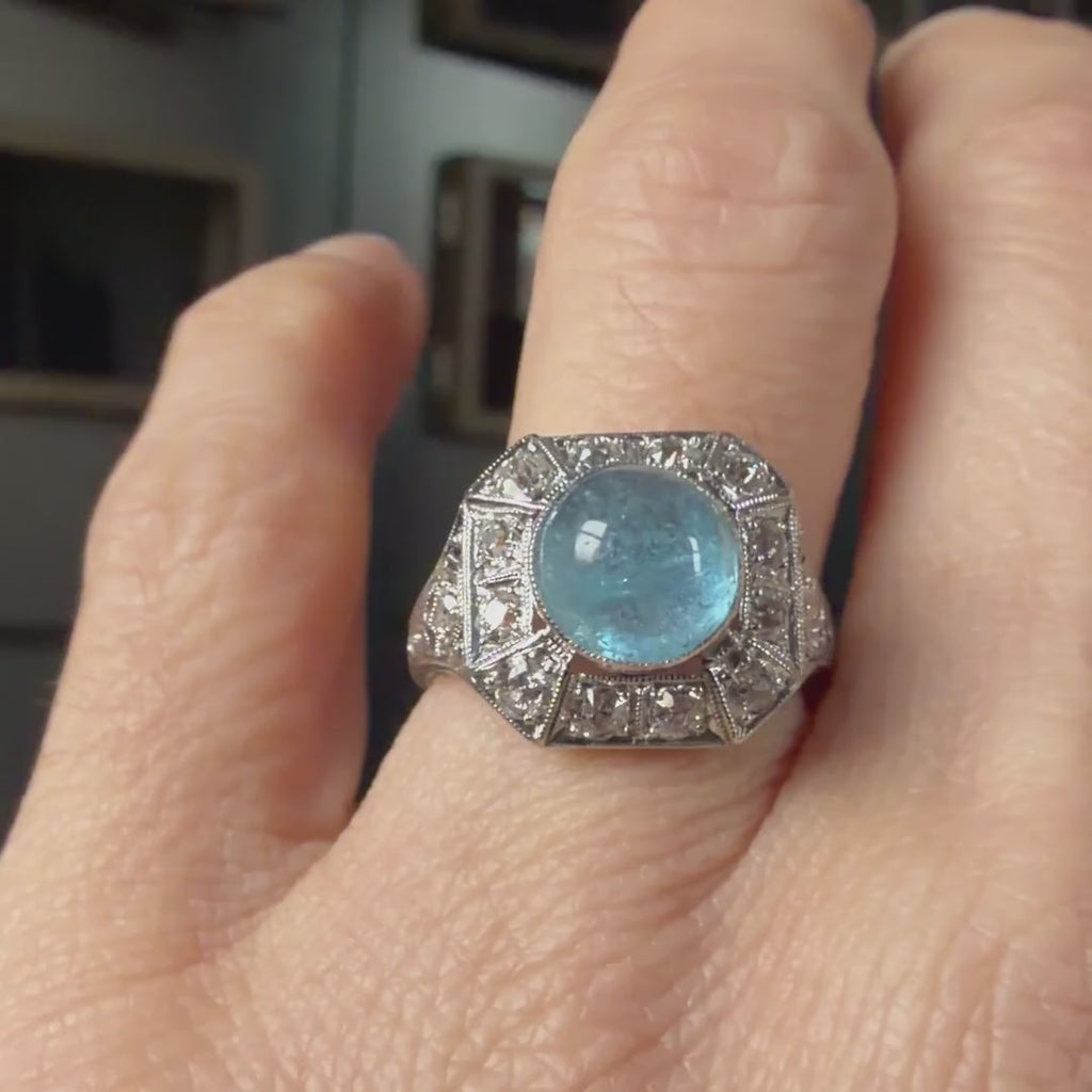 Art Deco Aqua Cab & Diamond Ring sold by Doyle and Doyle an antique and vintage jewelry boutique