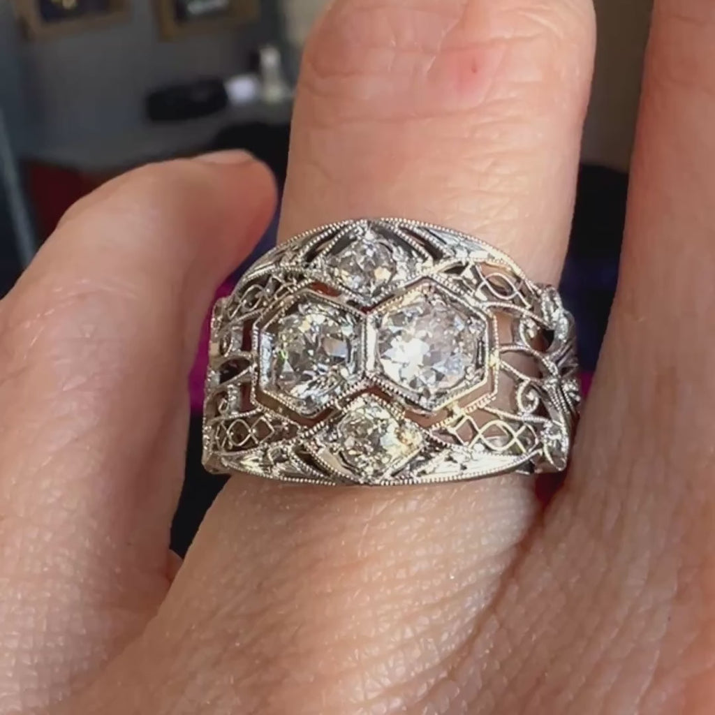 Art Deco Filigree Diamond Wide Band Ring sold by Doyle and Doyle an antique and vintage jewelry boutique  