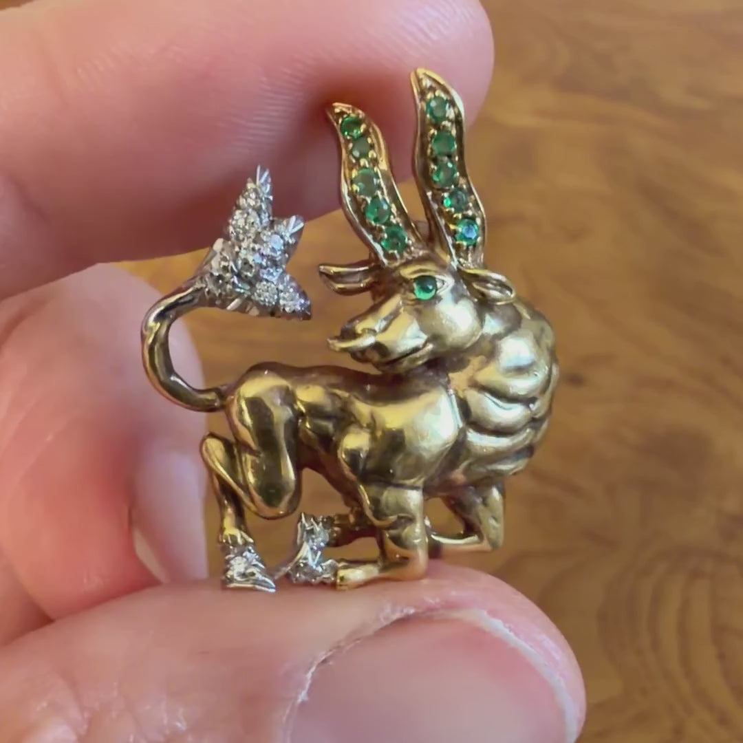 Vintage Emerald & Diamond Taurus Pin, sold by Doyle & Doyle antique and vintage jewelry boutique