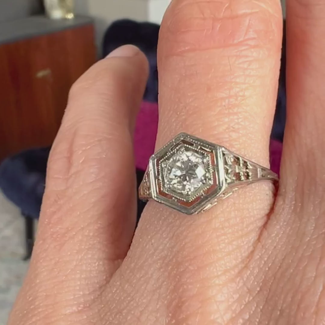 Vintage Filigree Engagement Ring, RBC 0.40ct. sold by Doyle and Doyle an antique and vintage jewelry boutique
