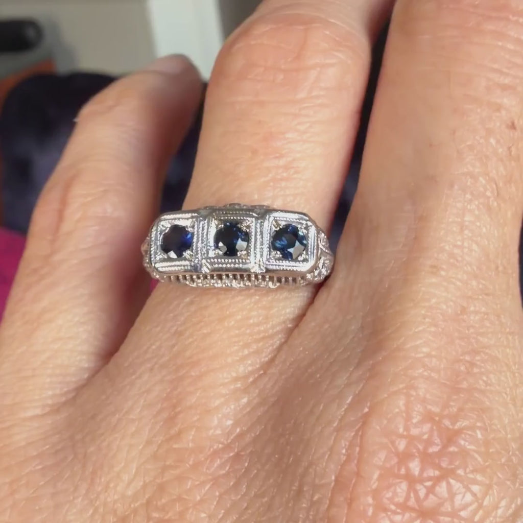 Vintage Sapphire Filigree Ring sold by Doyle and Doyle an antique and vintage jewelry boutique