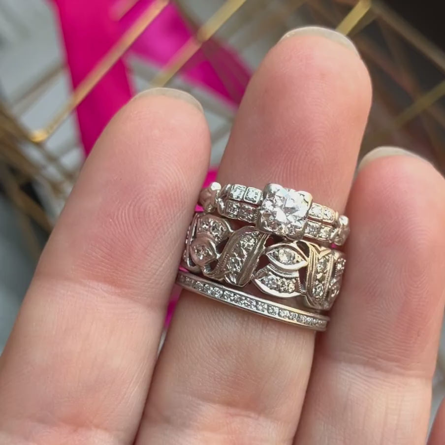Vintage diamond ring stack in white metal, from Doyle & Doyle antique and vintage jewelry boutique