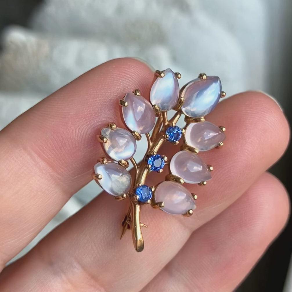 Retro Moonstone & Sapphire Leaf Pin, from Doyle & Doyle antique and vintage jewelry boutique