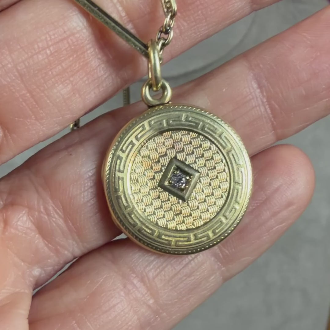 Antique Diamond Locket and Gold Watch Chain, sold by Doyle & Doyle antique and vintage jewelry boutique