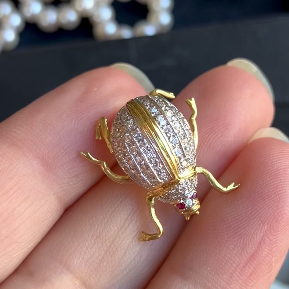 Vintage Diamond & Ruby Eye Beetle Pin, from Doyle & Doyle antique and vintage jewelry boutique