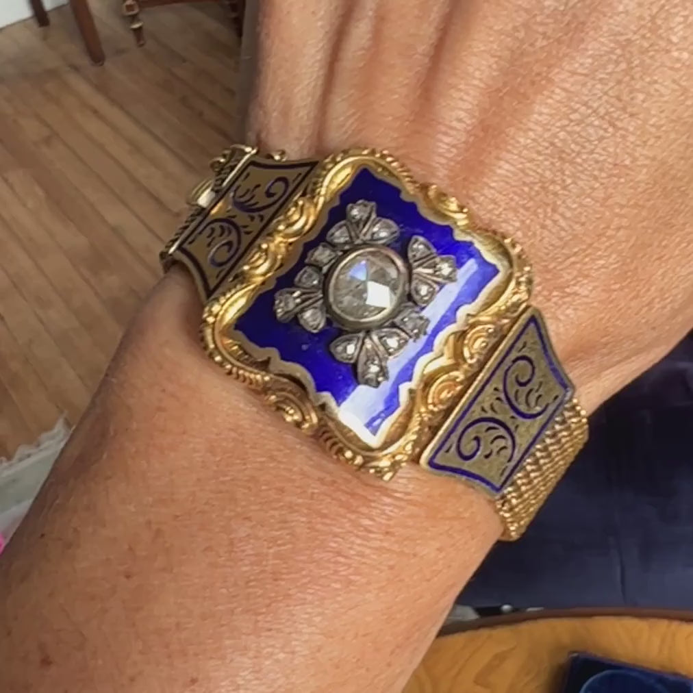 Antique Rose Cut Diamond and Blue Enamel Bracelet, from Doyle & Doyle antique and vintage jewelry boutique