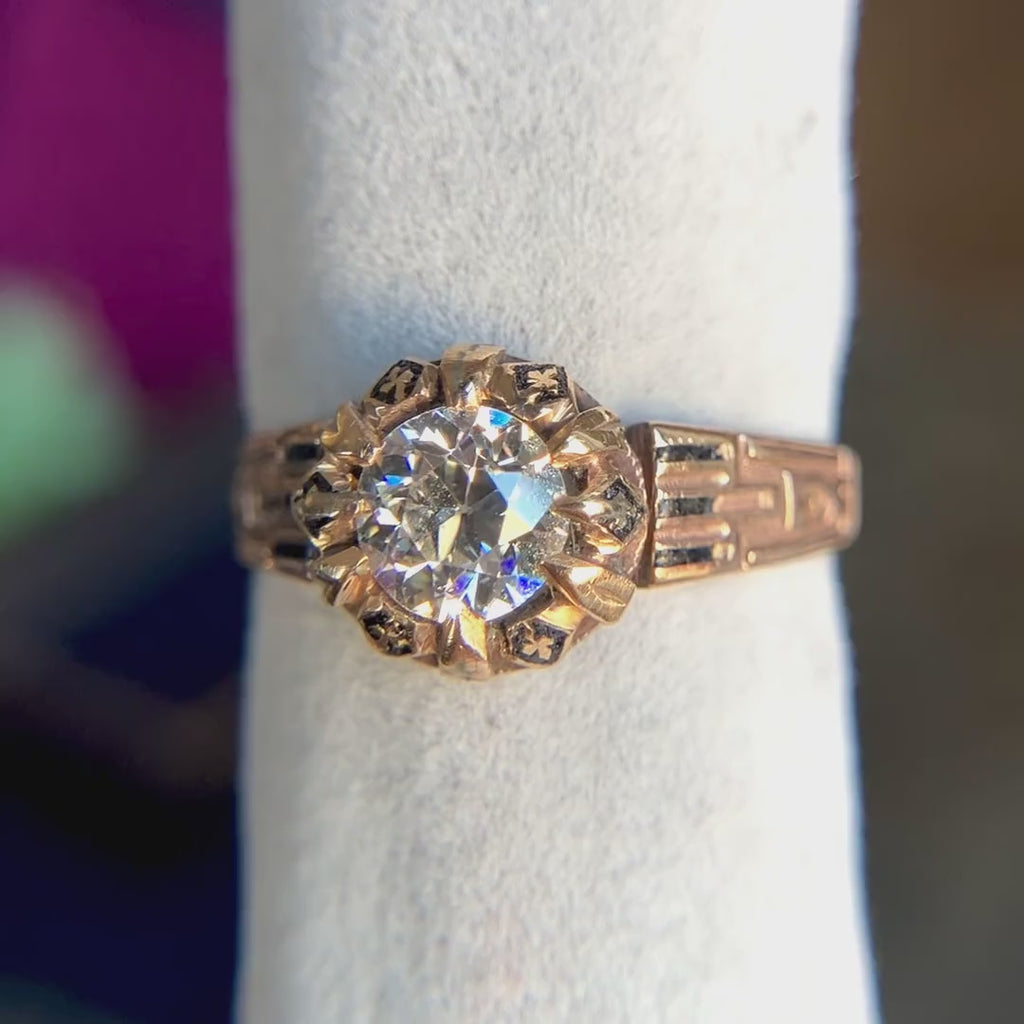 Vintage Diamond Engagement Ring in gold with black enamel, sold by Doyle & Doyle antique and vintage jewelry boutique