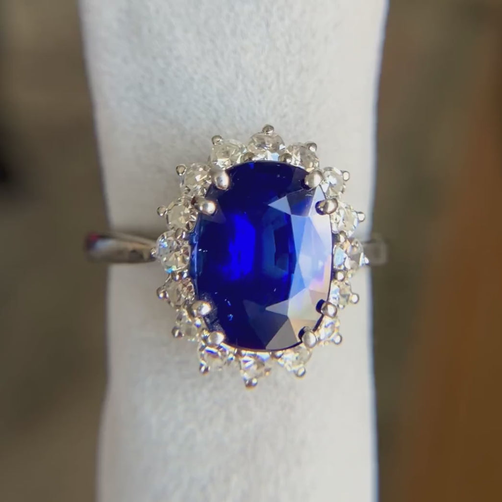 Vintage Cushion Cut Sapphire snd Diamond Ring, sold by Doyle & Doyle antique and vintage jewelry boutique