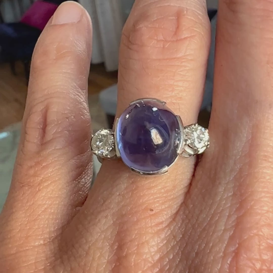 Vintage Sugarloaf Sapphire & Diamond Ring sold by Doyle and Doyle an antique and vintage jewelry boutique