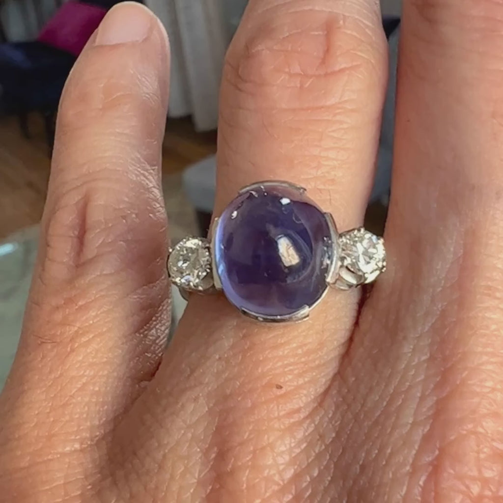 Vintage Sugarloaf Sapphire & Diamond Ring sold by Doyle and Doyle an antique and vintage jewelry boutique