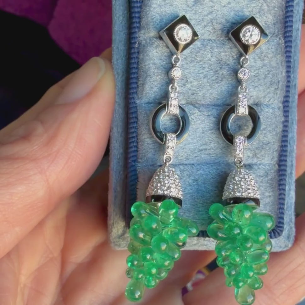 Vintage Emerald Bead, Diamond, and Black Enamel Bead Earrings, sold by Doyle and Doyle an antique and vintage jewelry boutique