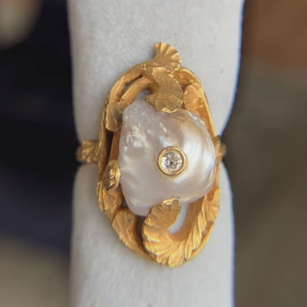 Art Nouveau Baroque Pearl & Diamond Ring in gold, sold by Doyle & Doyle antique and vintage jewelry boutique.