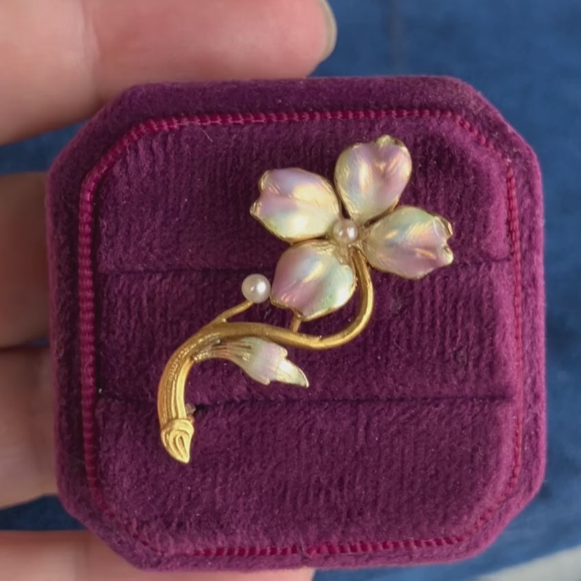 Victorian Enamel and Pearl Flower Pin, sold by Doyle & Doyle an antique and vintage jewelry boutique
