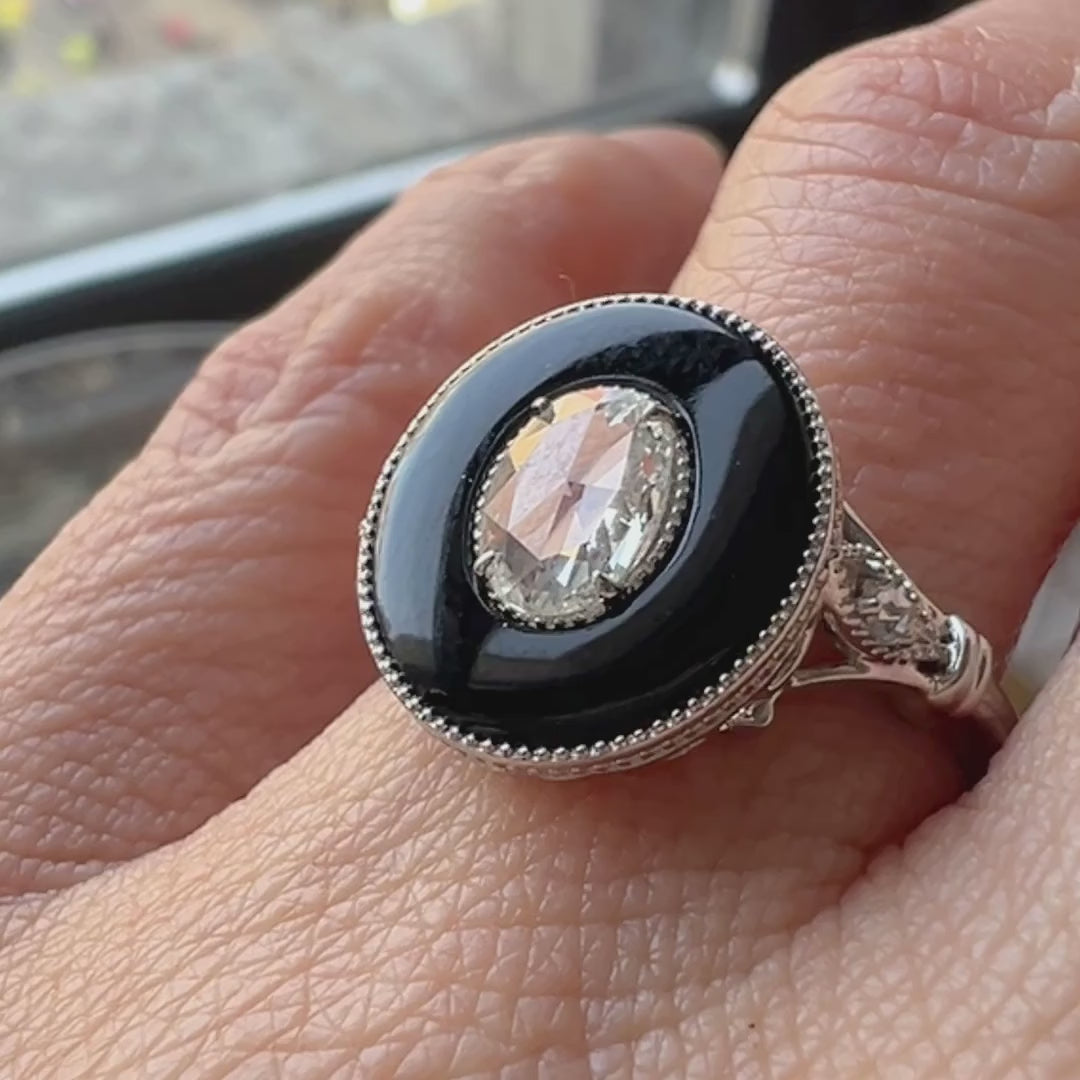 Oval Rose Cut Diamond & Black Onyx Ring sold by Doyle and Doyle an antique and vintage jewelry boutique