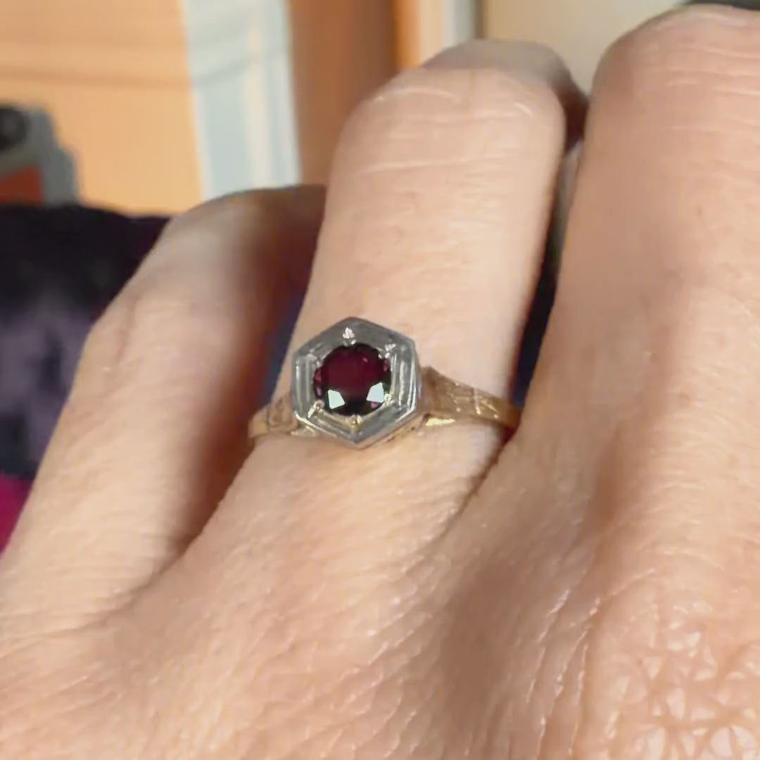 Vintage Ruby Ring in two tone gold, sold by Doyle & Doyle antique and vintage jewelry boutique