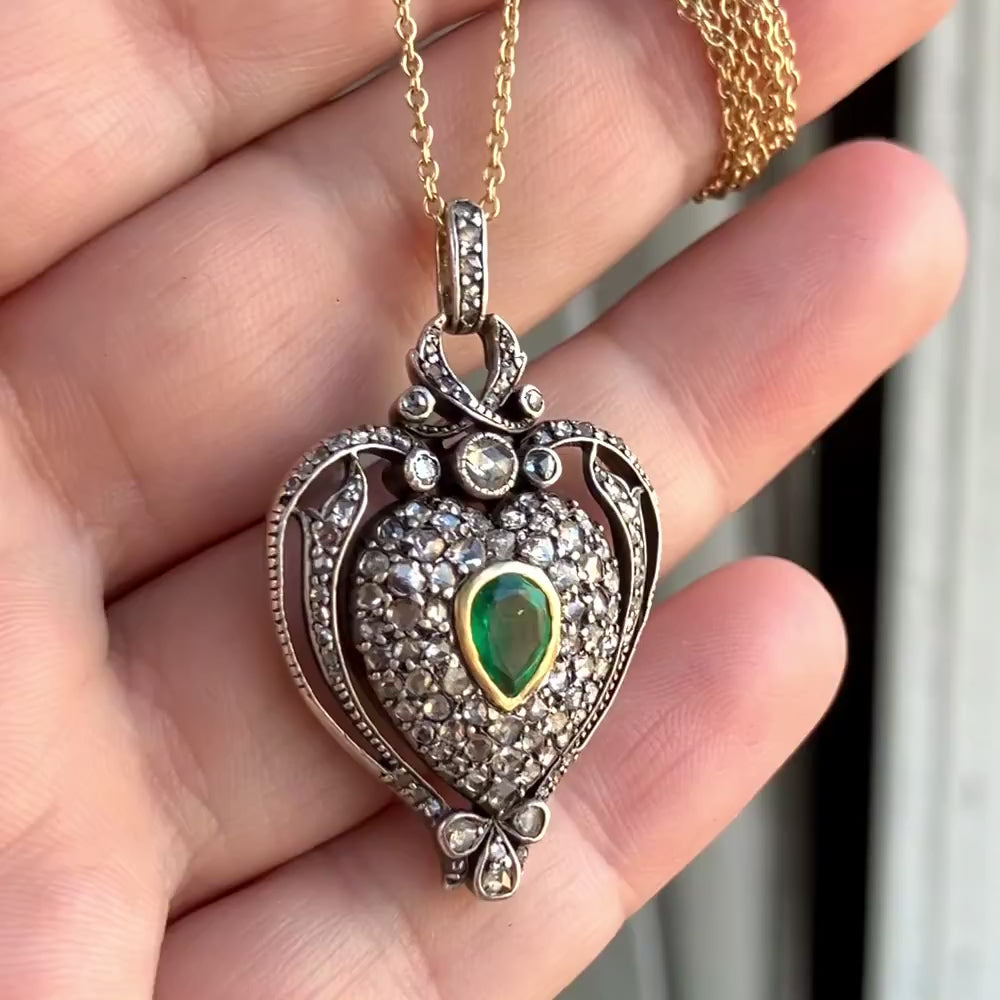 Antique French Emerald and Diamond Heart Locket sold by Doyle and Doyle an antique and vintage jewelry boutique