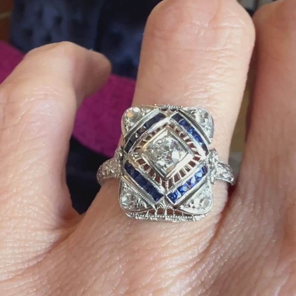 Art Deco Diamond & Sapphire Filigree Ring, 0.15ct. sold by Doyle and Doyle an antique and vintage jewelry boutique