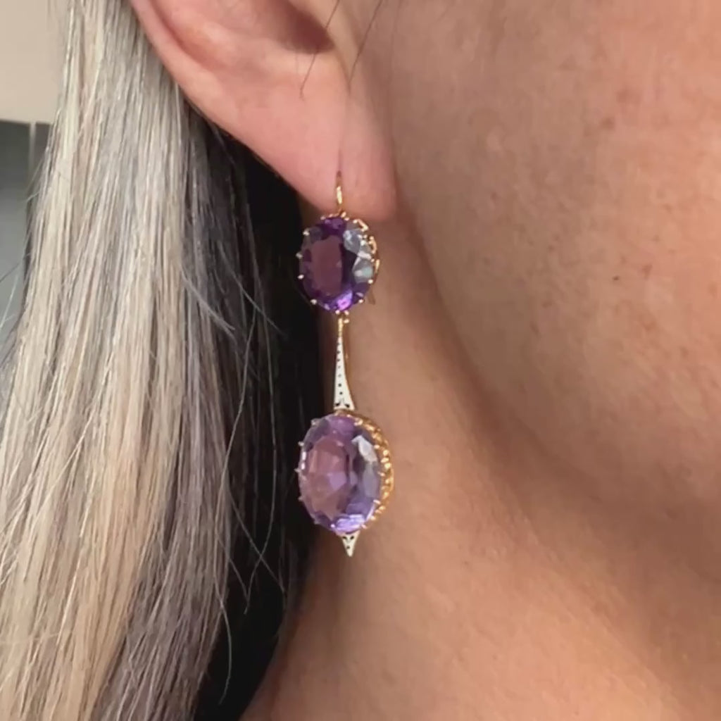 Antique Edwardian Amethyst & Enamel Drop Earrings, from Doyle & Doyle antique and vintage jewelry boutique