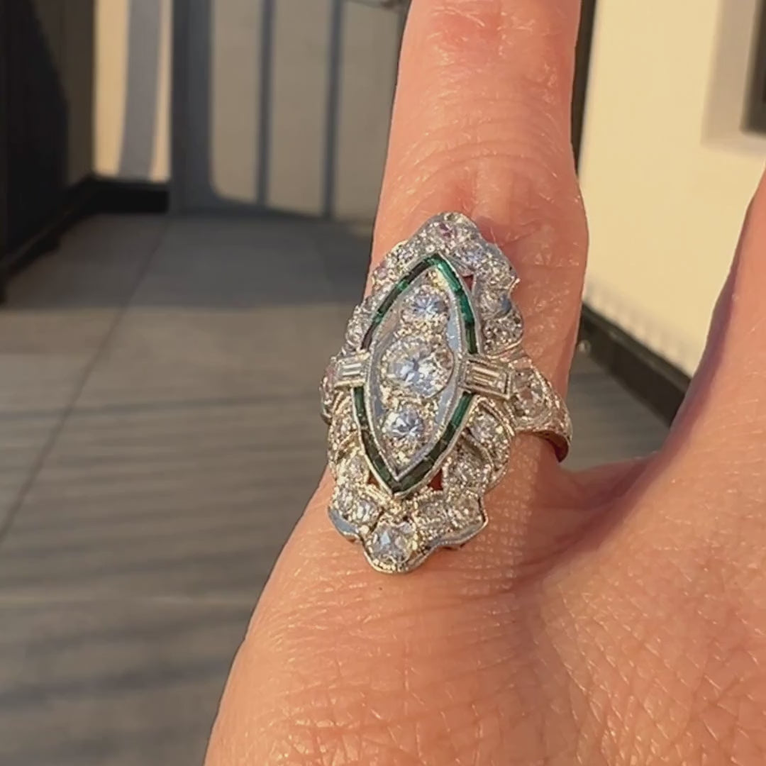 Art Deco Diamond & Emerald Dinner Ring sold by Doyle and Doyle an antique and vintage jewelry boutique