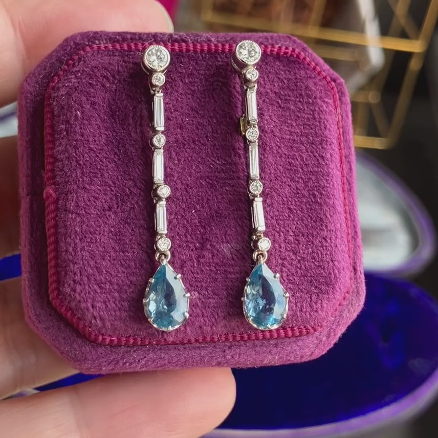 Art Deco Diamond and Aquamarine Drop Earrings, from Doyle & Doyle antique and vintage jewelry