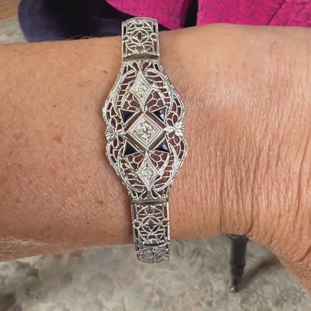 Art Deco Diamond & Sapphire Filigree Bracelet sold by Doyle and Doyle an antique and vintage jewelry boutique